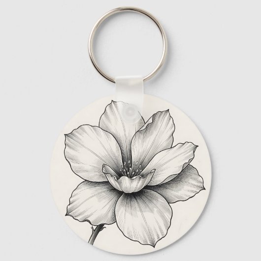 Vintage Botanische Bloem Inkschets Lijn Sleutelhanger (Voorkant)