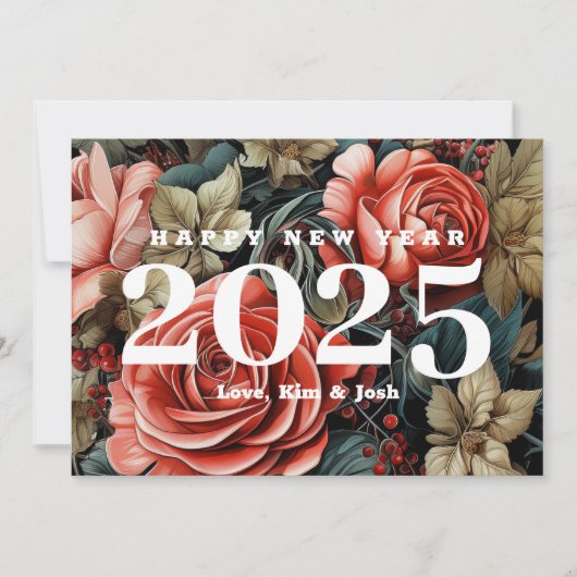 Vintage Botanische Bloemen Gelukkig Nieuwjaar 2025 Feestdagenkaart (Voorkant)