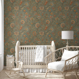 Vintage botanische bloemenbehang | Saliegroen  Behang