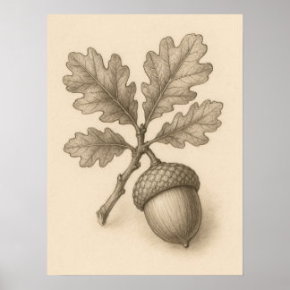 Vintage Botanische Eikenboom Eikel Inkt Tekening P Poster