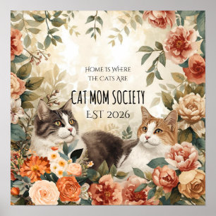 Vintage Botanische Kat Moeder Vereniging Bloem Kun Poster