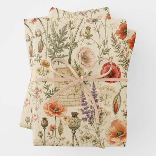 Vintage botanische klaproos inpakpapier vel (In situ)