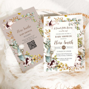 Vintage Botanische Konijn Baby Shower QR Kaart