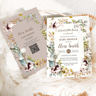 Vintage Botanische Konijn Baby Shower QR Kaart