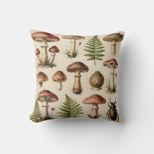 Vintage botanische paddestoel varen collage kussen