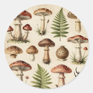 Vintage botanische paddestoel varen collage ronde sticker