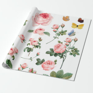 VINTAGE BOTANISCHE PINKROSES WRAPPINGSPAPIER CADEAUPAPIER