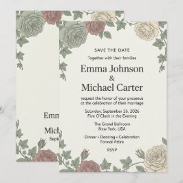 Vintage Botanische Roos & Klimop Trouw 'Save the D Save The Date