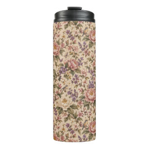 Vintage Botanische Rozen Tuin & Vlinder Patroon Thermosbeker