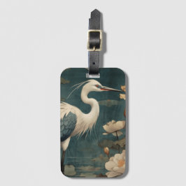 Vintage botanische scène blauwe kraanvogel en lotu bagagelabel