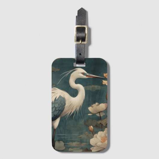 Vintage botanische scène blauwe kraanvogel en lotu bagagelabel (Voorkant (verticaal))
