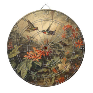 Vintage botanische scène van kolibries en bloemen dartbord