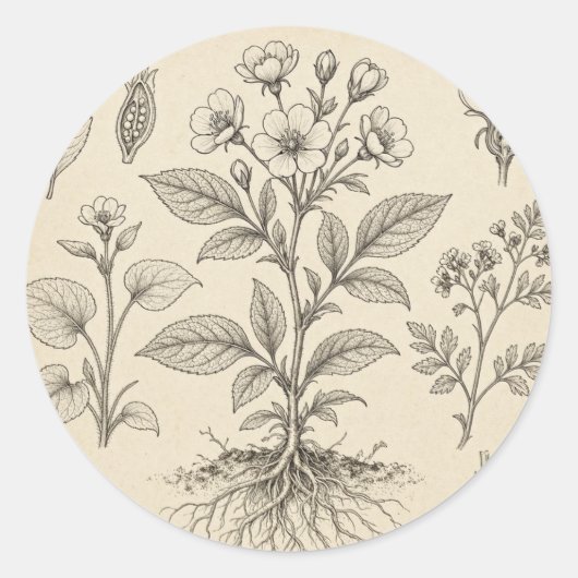 Vintage Botanische Schets Ronde Sticker (Voorkant)