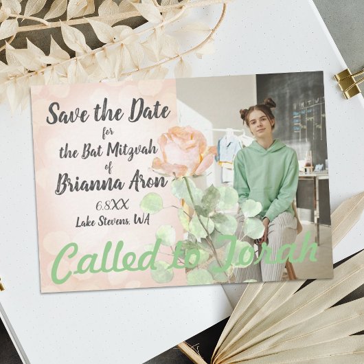 Vintage Botanische Stoffige Peach Rose Bat Mitzvah Advieskaart