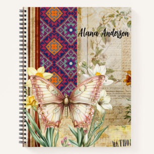 Vintage botanische vlinder en Azteekse patroon Notitieboek