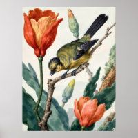 Vintage botanische vogel bloemige muurkunstposter