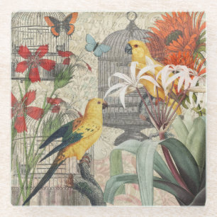 Vintage Botanische Vogel Natuur Antiek Tropisch  Glazen Onderzetter