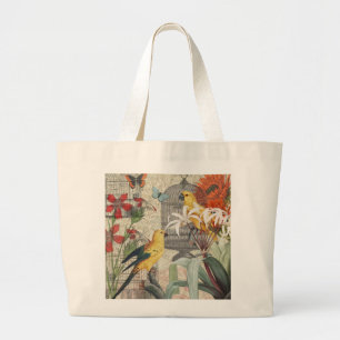 Vintage Botanische Vogel Natuur Antiek Tropisch Grote Tote Bag