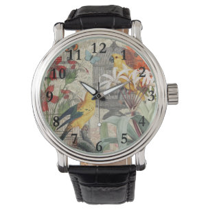 Vintage Botanische Vogel Natuur Antiek Tropisch Horloge