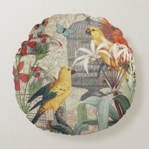 Vintage Botanische Vogel Natuur Antiek Tropisch  Rond Kussen