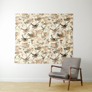 Vintage botanische vogels en wilde bessen wandkleed