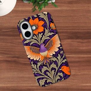 Vintage Botanische Vogels in Oranje en Paars iPhone 16 Hoesje