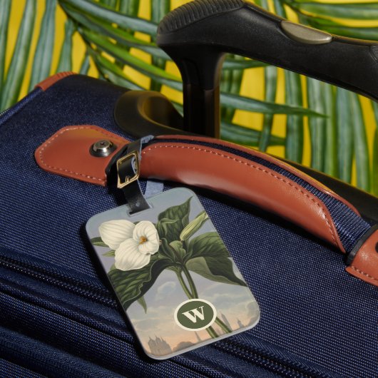 Vintage botanische witte Trillium-monogram initiaa Bagagelabel (Voorkant Insitu 1)