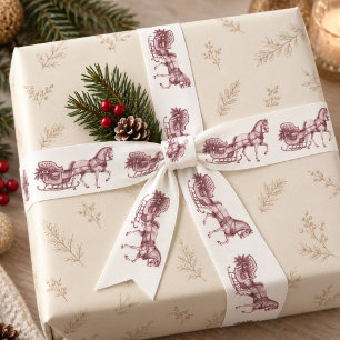 Vintage Bourgondië Toile Paardenslee Kerstmis Satijnen Lint