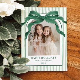 Vintage Bow Green Stripe Christmas Photo Feestdagenkaart