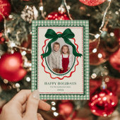 Vintage Bow Green Stripe Christmas Photo Feestdagenkaart