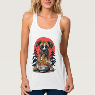Vintage Boxer Hond Eet Ramen Japanse Zonsondergang Tanktop