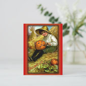 Vintage Boy Carving Pumpkin Halloween Briefkaart (Staand voorkant)