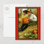 Vintage Boy Carving Pumpkin Halloween Briefkaart (Voorkant / Achterkant)