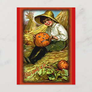 Vintage Boy Carving Pumpkin Halloween Briefkaart