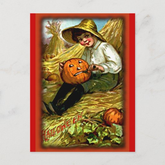 Vintage Boy Carving Pumpkin Halloween Briefkaart (Voorkant)