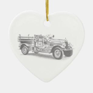 vintage brandweerauto potloodschets brandvman teke keramisch ornament