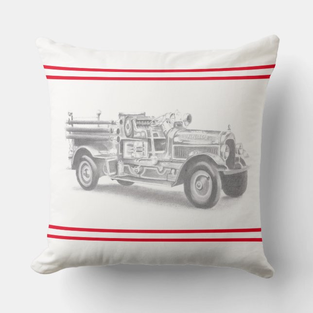 vintage brandweerauto potloodschets brandvman teke kussen (Voorkant)