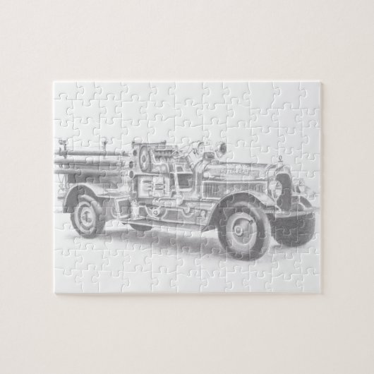 vintage brandweerauto potloodschets brandvman teke legpuzzel (Horizontaal)