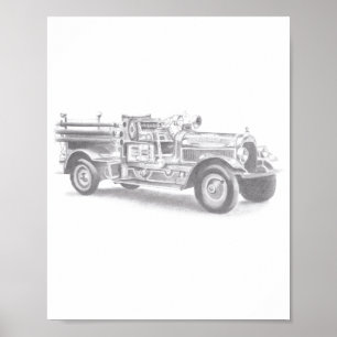vintage brandweerauto potloodschets brandvman teke poster