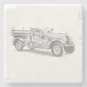 vintage brandweerauto potloodschets brandvman teke stenen onderzetter