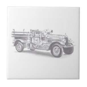 vintage brandweerauto potloodschets brandvman teke tegeltje