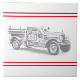 vintage brandweerauto potloodschets brandvman teke tegeltje
