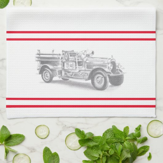vintage brandweerauto potloodschets brandvman teke theedoek (Gevouwen)