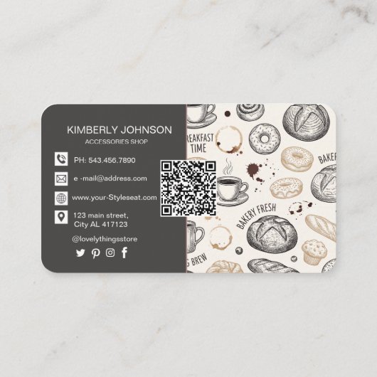 Vintage Breakfast Bakery Seamless Pattern Visitekaartje (Achterkant)