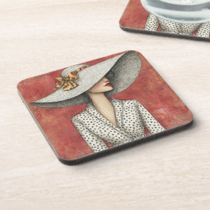 Vintage brede zonnehoed dame op rood bier onderzetter