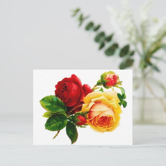 Vintage Briefkaart rode en gele rozen (Staand voorkant)