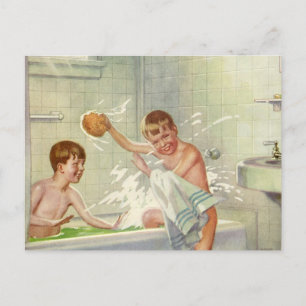 Vintage Broers, Kinderen, Jongens Splashing in Tub Briefkaart