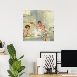 Vintage Broers, Kinderen, Jongens Splashing in Tub Poster