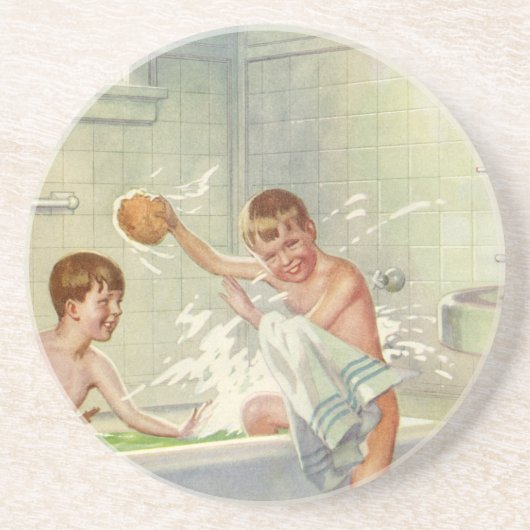 Vintage Broers, Kinderen, Jongens Splashing in Tub Zandsteen Onderzetter (Voorkant)