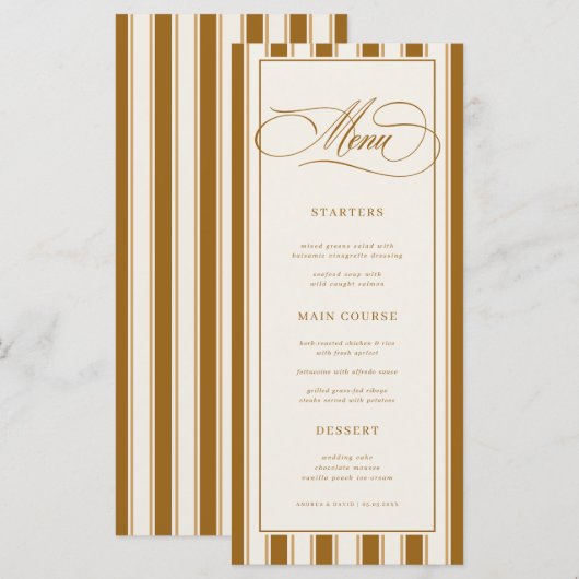 Vintage Brown & Ivory Stripes Classic Wedding Menu (Voorkant / Achterkant)